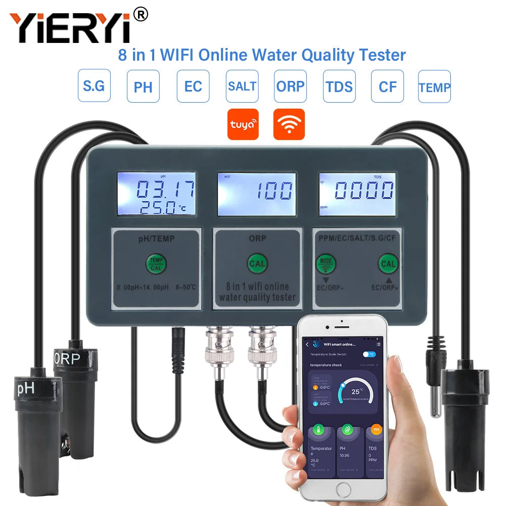 Yieryi WiFi Smart Water Quality Tester - Tuya PH ORP TDS EC Salt Temperature Monitor & Data Logger