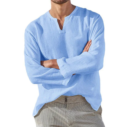 Men's Cotton Linen Long Sleeve Shirt - Breathable V-Neck Casual Lightweight Hawaiian Style Top