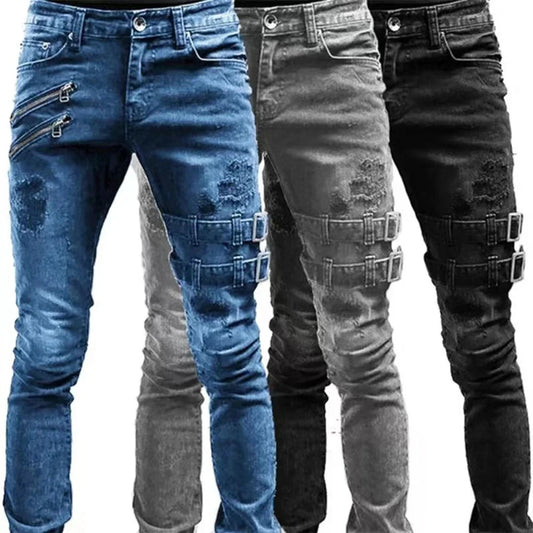 2024 Plus Size Men’s Straight Jeans – Casual Skinny Streetwear Denim Pants with Zippers in 3 Colors