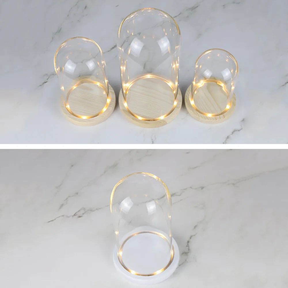 Glass Dome with Wooden Base & LED Light – Terrarium Vase, Flower Holder, Landscape Container for Bedroom Decor & Birthday Gifts