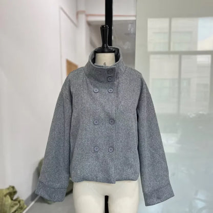 Women’s Short Woolen Coat - Stand Collar Loose Zipper Jacket for Spring Autumn Fashion Outerwear