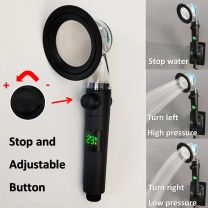 High-Pressure Turbo Propeller Shower Head with Temperature Display and Water-Saving Stop Button - Handheld Bathroom Shower Head