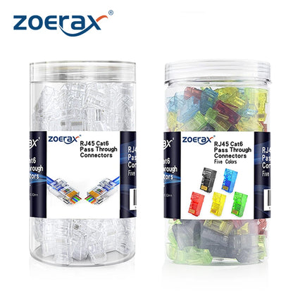 ZoeRax RJ45 Cat6 Pass-Through Connectors — 50/100/200PCS Modular Plugs 1.1mm | Solid & Stranded FTP/STP Cable
