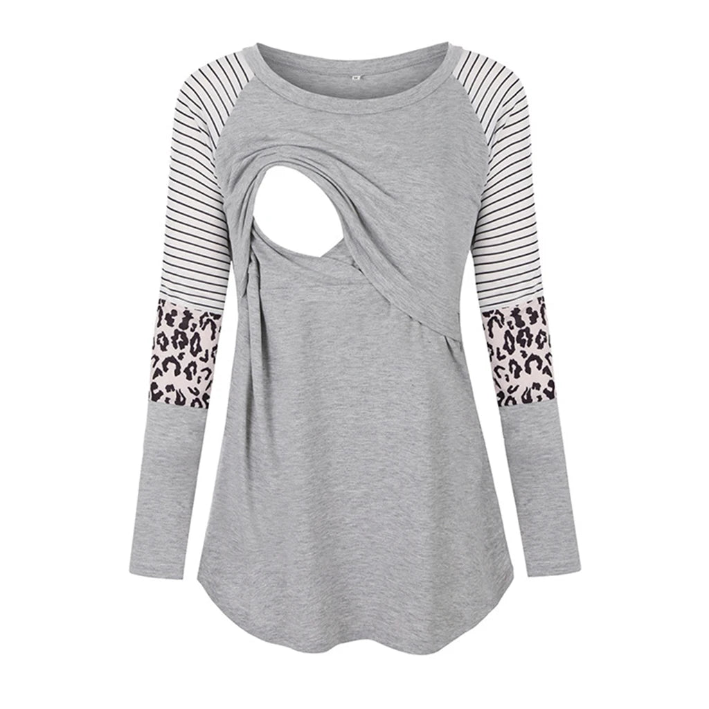 Women’s Maternity Nursing Top – Long Sleeve Patchwork Color Blouse for Breastfeeding