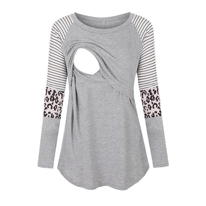 Women’s Maternity Nursing Top – Long Sleeve Patchwork Color Blouse for Breastfeeding