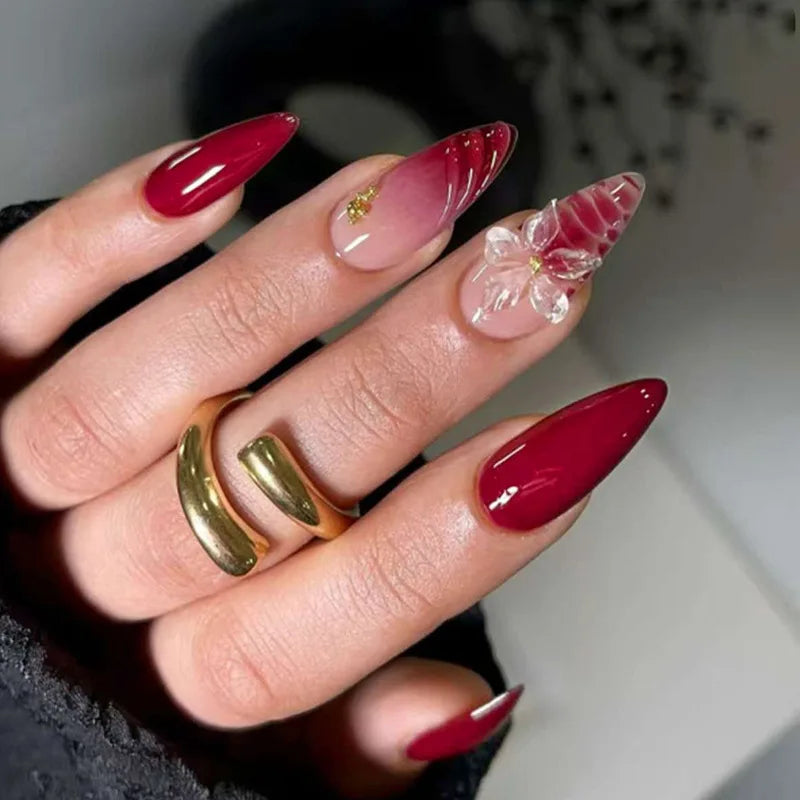 24PCS Strawberry Bow Press On Nails - Red Short Almond Pearl Starlight Floral False Nail Art Tips