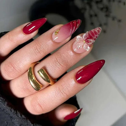 24PCS Strawberry Bow Press On Nails - Red Short Almond Pearl Starlight Floral False Nail Art Tips