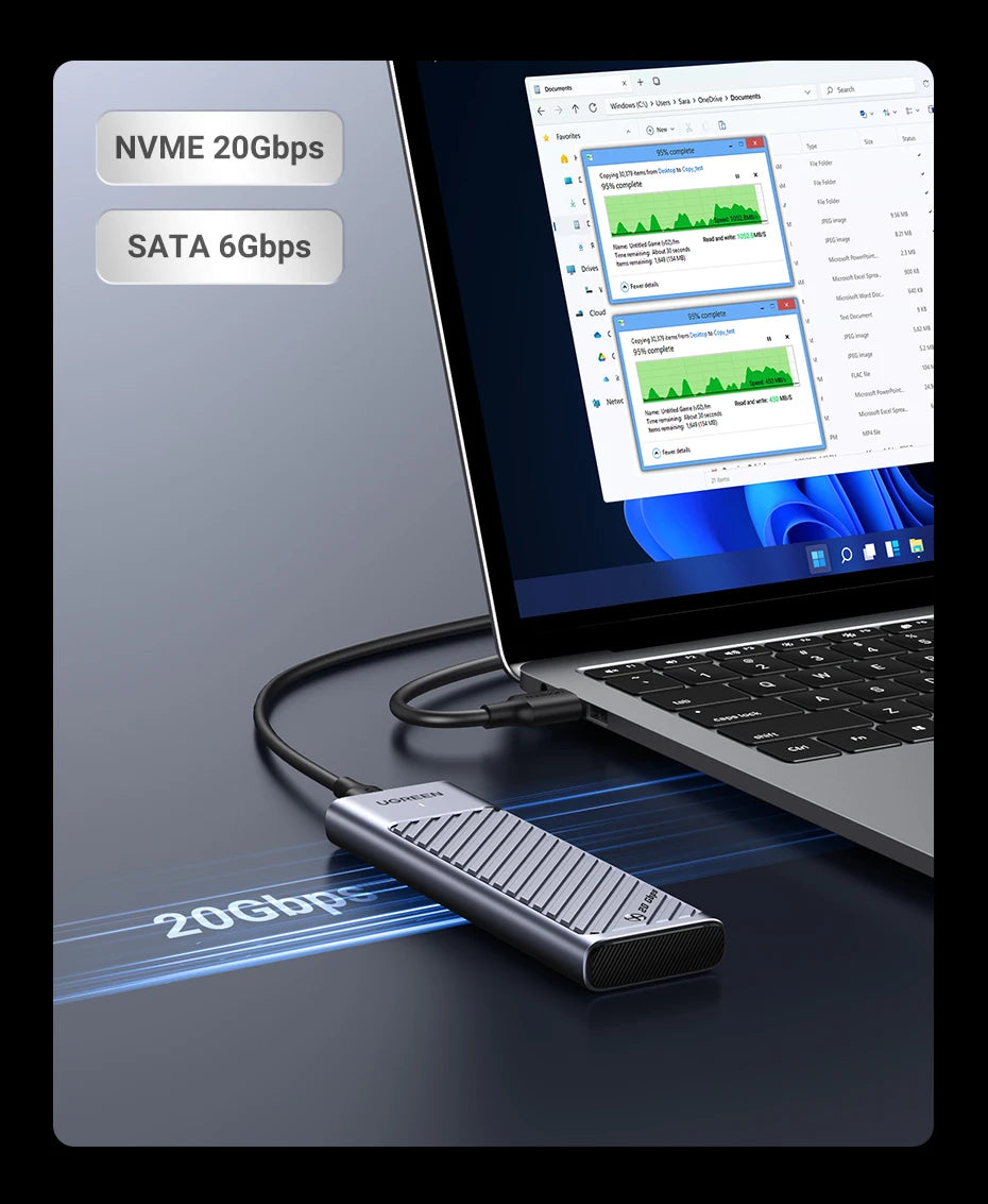 UGREEN M.2 SSD Enclosure – 20Gbps USB 3.2 Gen2 Type-C Adapter for NVMe & SATA SSD (M & B+M Key)