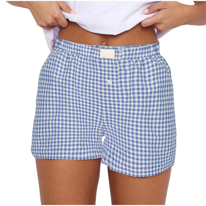 Women’s Teen Girls Elastic Waist Pull-On Red & Blue Plaid Casual Lounge Summer Shorts