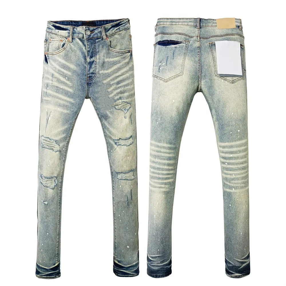 Men's Graffiti Washed Jeans - Retro Distressed Low Rise Skinny Denim Pants