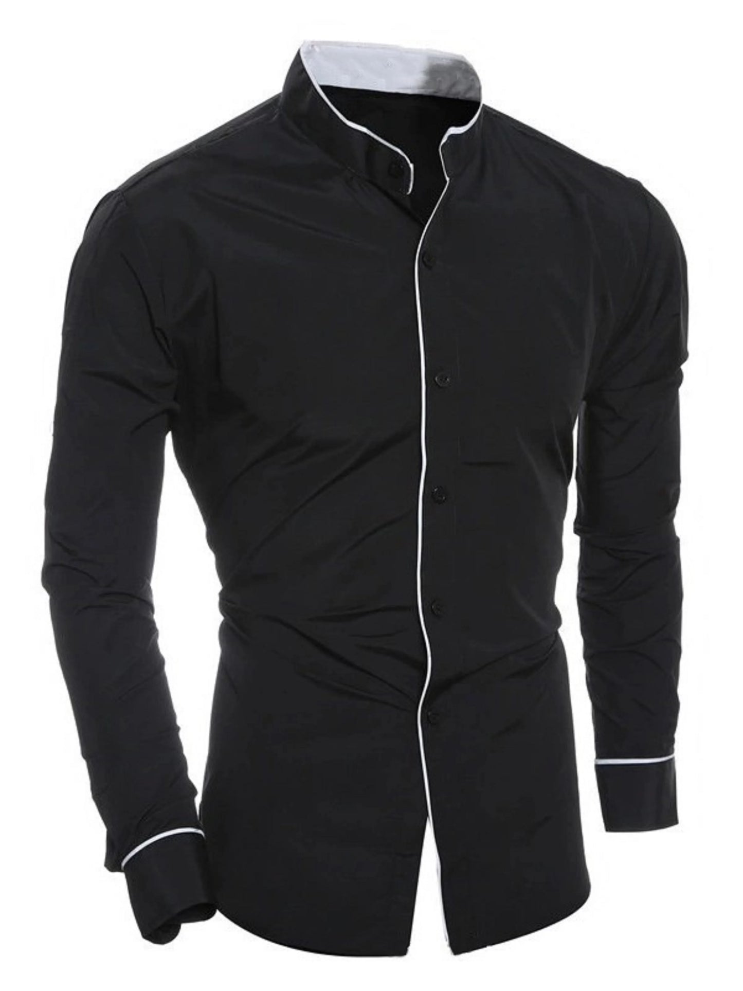 Men’s Stand Collar Long Sleeve Shirt - Slim Fit Solid Color Button Down Shirt for Spring & Autumn