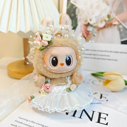 Mini Plush Doll Clothes Bud Skirt with Pearl Hair Accessory — Labubu I & II Kpop Idol Doll DIY Outfit Gift