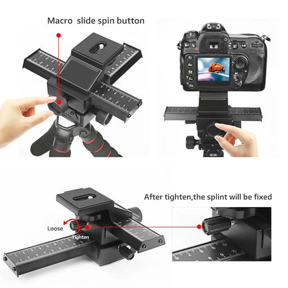 RYH 4-Way Macro Focusing Rail Slider - Adjustable Close-Up Tripod Head with 1/4" Screw for Canon, Sony, Nikon & Pentax DSLR Cameras