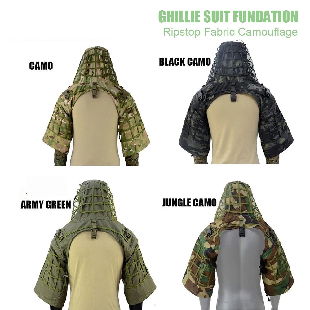 Ghillie Suit Set | Camouflage Hunting Poncho, Base, Cape & Sniper Viper Hood for Airsoft & Paintball