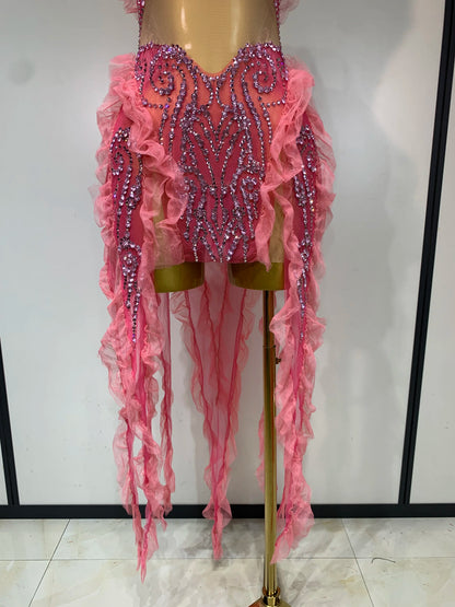 Shining Rhinestone Tassel Mesh Dress - Sheer Evening Party & Stage Performance Outfit