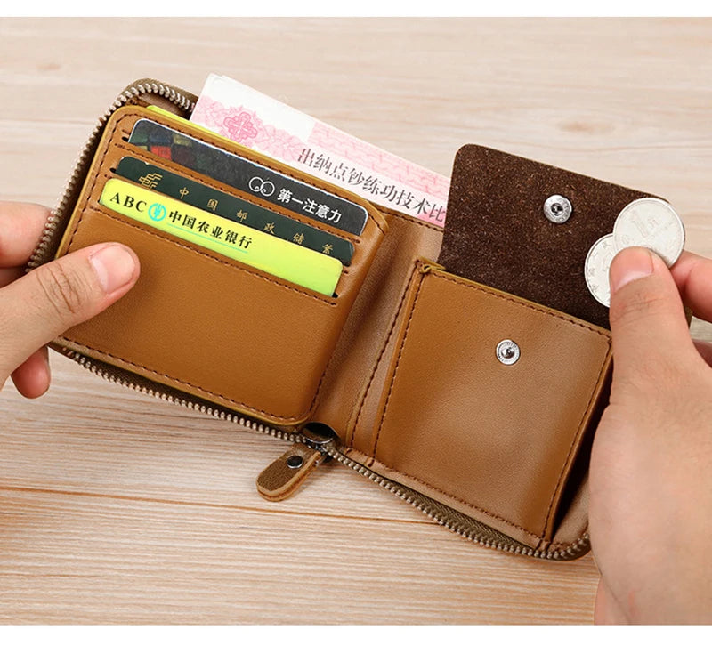 Luxury Leather Men's Wallet – RFID Zipper Card Holder with Coin Pocket, Perfect Gift for Men