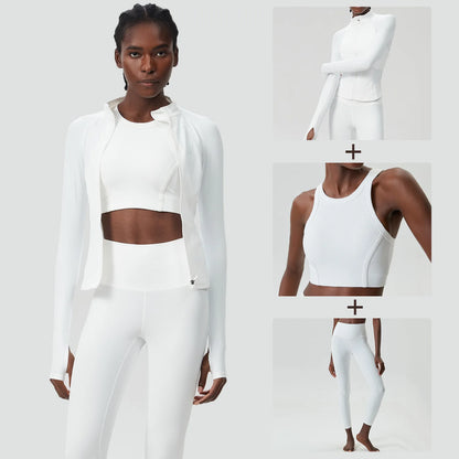 3PCS Women’s Fitness Yoga Set – Solid Color Ribbed Long Sleeve Top & High Waist Leggings, Breathable Workout Sportswear