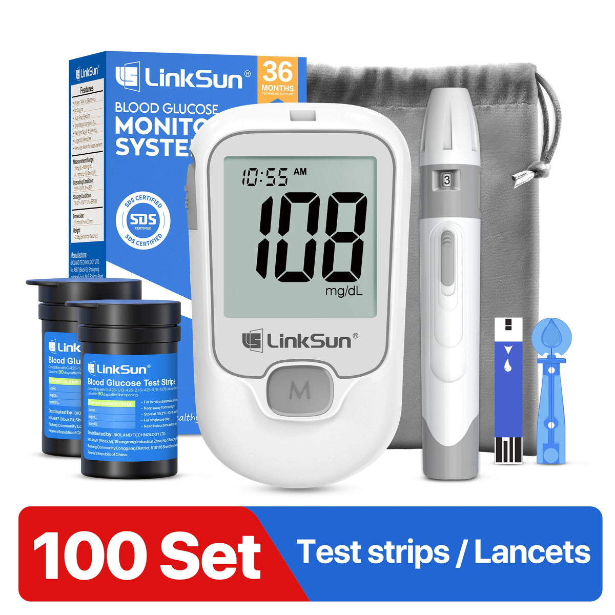 LinkSun G-425-1 Blood Glucose Meter Kit - Digital Diabetes Tester with 50 or 100 Test Strips and Lancets
