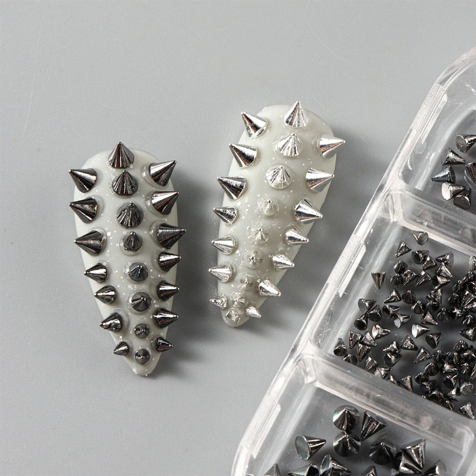 Metallic Rivet Nail Charms - 6-Grid Gold, Silver & Black Punk Spike Studs for Nail Art & DIY Designs