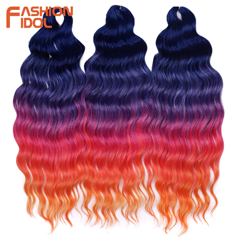 FASHION IDOL 24" Deep Wave Crochet Hair - 3-Piece Synthetic Water Wave Braiding Extensions, Ombre Rainbow Twist Hair
