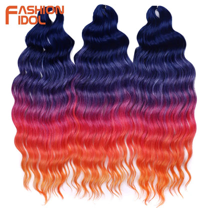 FASHION IDOL 24" Deep Wave Crochet Hair - 3-Piece Synthetic Water Wave Braiding Extensions, Ombre Rainbow Twist Hair