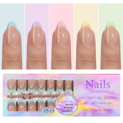 150PCS Press On Fake Nails - 6 Color Multi-Size Almond Acrylic Nails with French Style Removable Design