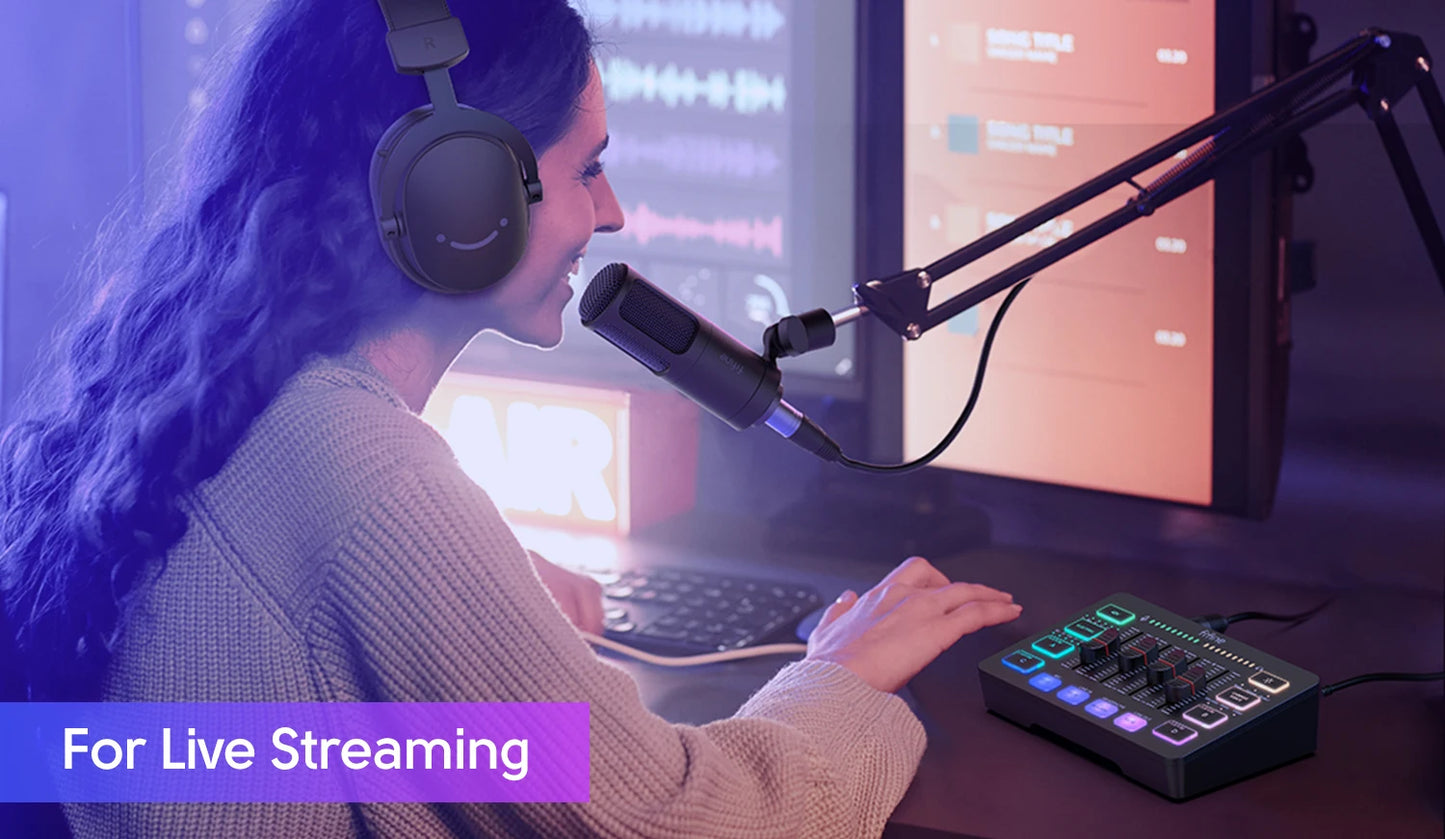 FIFINE 4-Channel RGB Gaming Audio Mixer – XLR Mic Interface for Streaming, Podcast & Game Voice