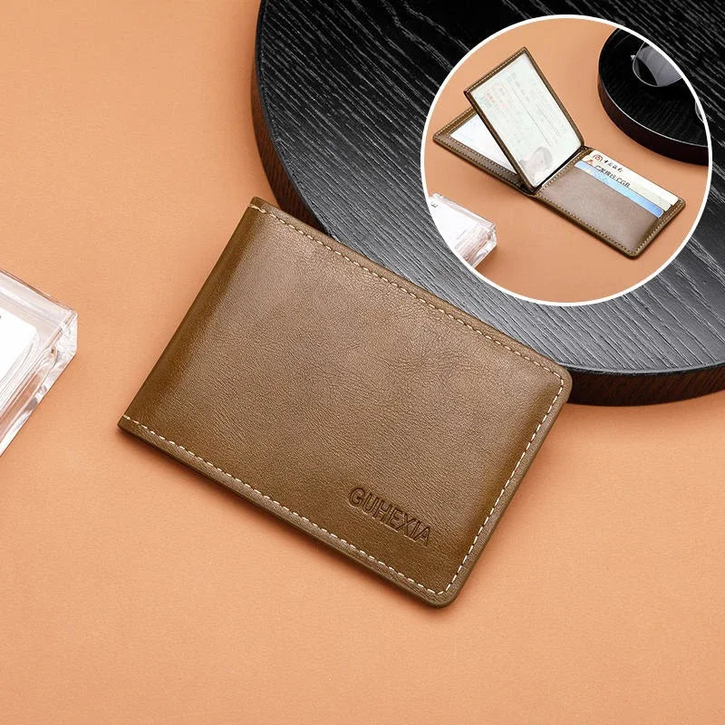 Retro Leather Driver’s License Wallet – Ultra-Thin Men’s ID Card Holder with Coin Purse, Multifunctional Slim Solid Color Short Wallet