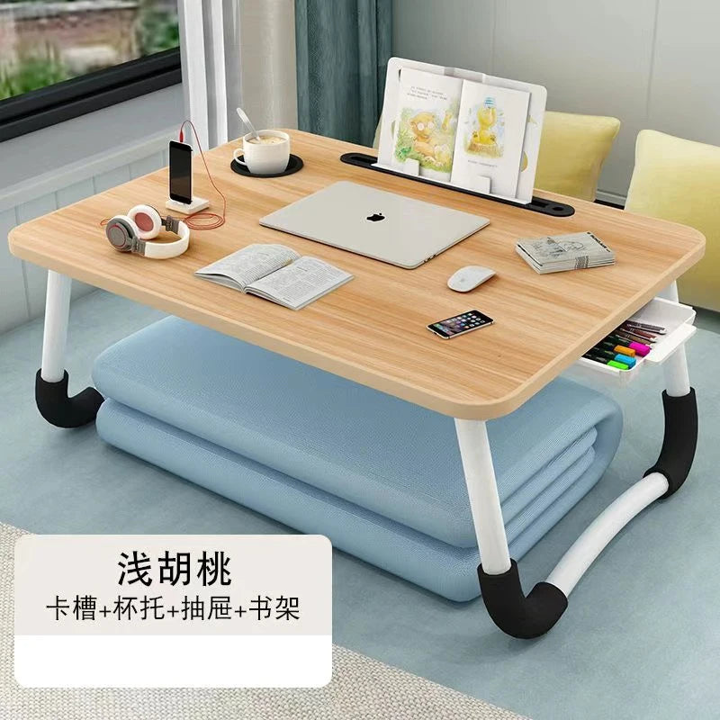 Foldable Laptop Desk for Bed & Sofa – Portable Lap Table with Cup, Book Holder, Drawer, and USB Slot