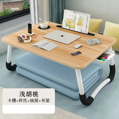 Foldable Laptop Desk for Bed & Sofa – Portable Lap Table with Cup, Book Holder, Drawer, and USB Slot