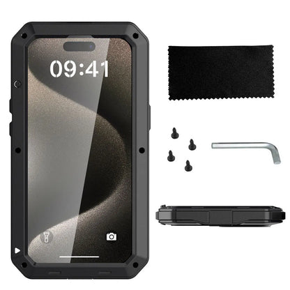 Heavy Duty Aluminum Metal Case for iPhone 16/15/14/13/12/11 Pro Max – Shockproof Gorilla Glass Cover for iPhone XS Max/XR/7/8
