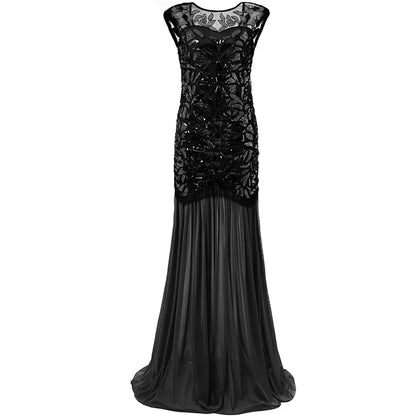 Women’s 1920s Great Gatsby Flapper Dress – Vintage V-Neck Sequin & Bead Long Mesh Maxi Party Prom Gown