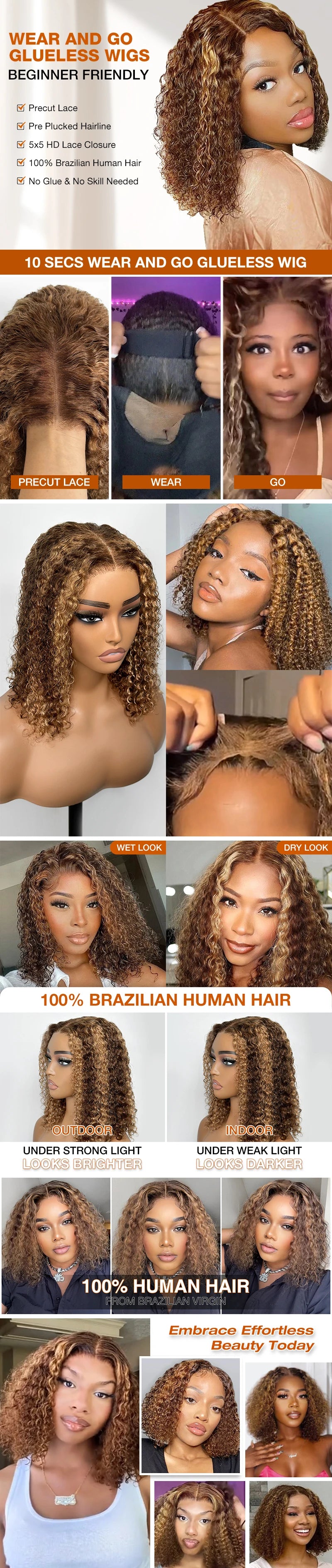 Deep Wave Honey Blonde Bob Wig — Glueless Human Hair Curly Wig, Pre-Plucked & Pre-Cut Ombre HD Lace Front, Highlight Wear-and-Go