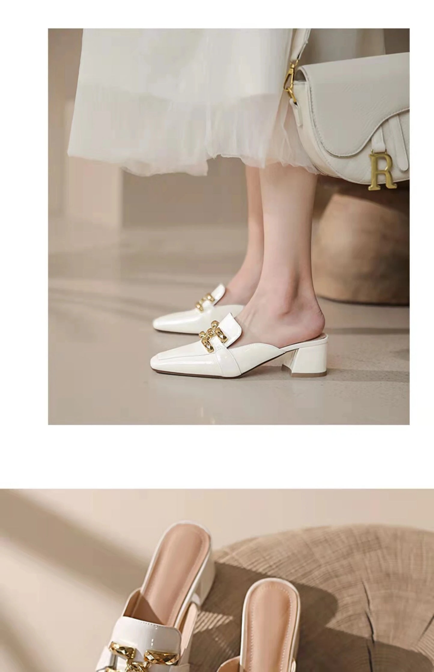 Fashion Women’s Half Slippers — Outdoor Med-Heeled Slides with Toe Chain Decoration, Luxury Square Heel Sandals 2023