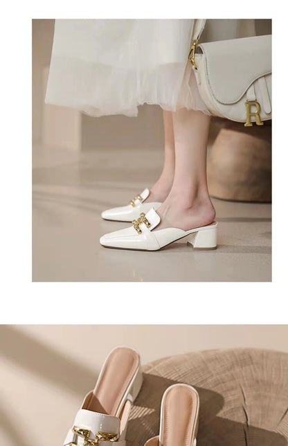 Fashion Women’s Half Slippers — Outdoor Med-Heeled Slides with Toe Chain Decoration, Luxury Square Heel Sandals 2023