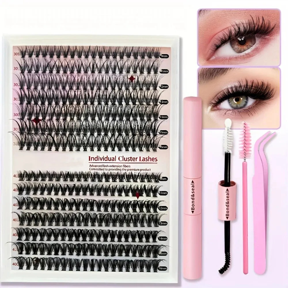 640Pcs Eyelash Extension Kit – D Curl 9-16mm Lash Clusters with Bond & Seal, Tweezers, and Brush