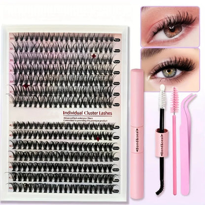 640Pcs Eyelash Extension Kit – D Curl 9-16mm Lash Clusters with Bond & Seal, Tweezers, and Brush