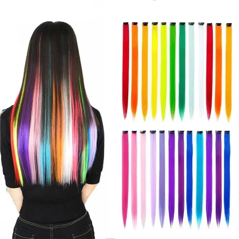 WIGSIN Synthetic Long Straight Rainbow Hair Extension – Colorful Purple Red Blue Hairpiece for Women