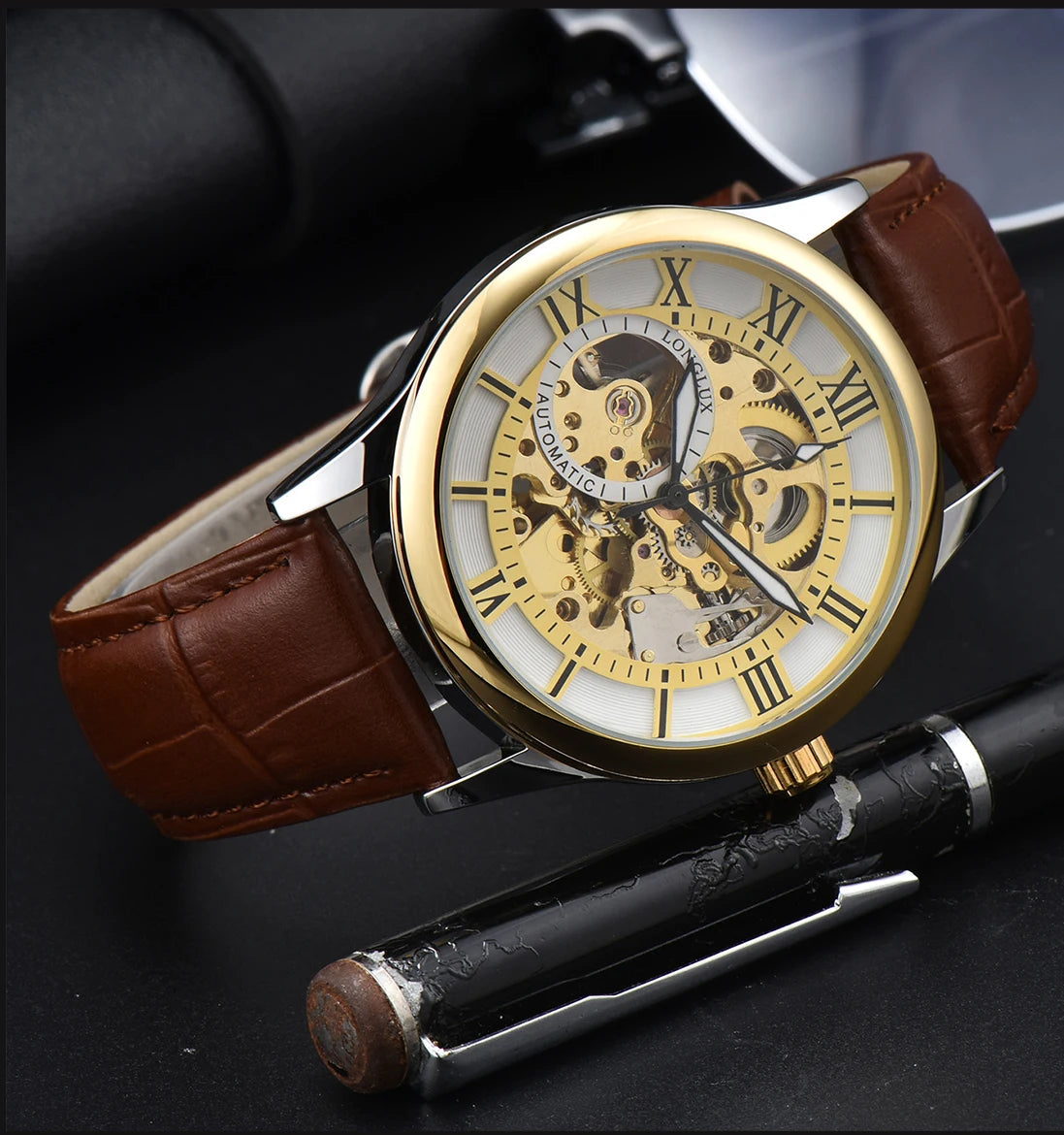 LONGLUX Rome Automatic Mechanical Waterproof Men’s Watch – Hollow Dial Leather Wristwatch Gift