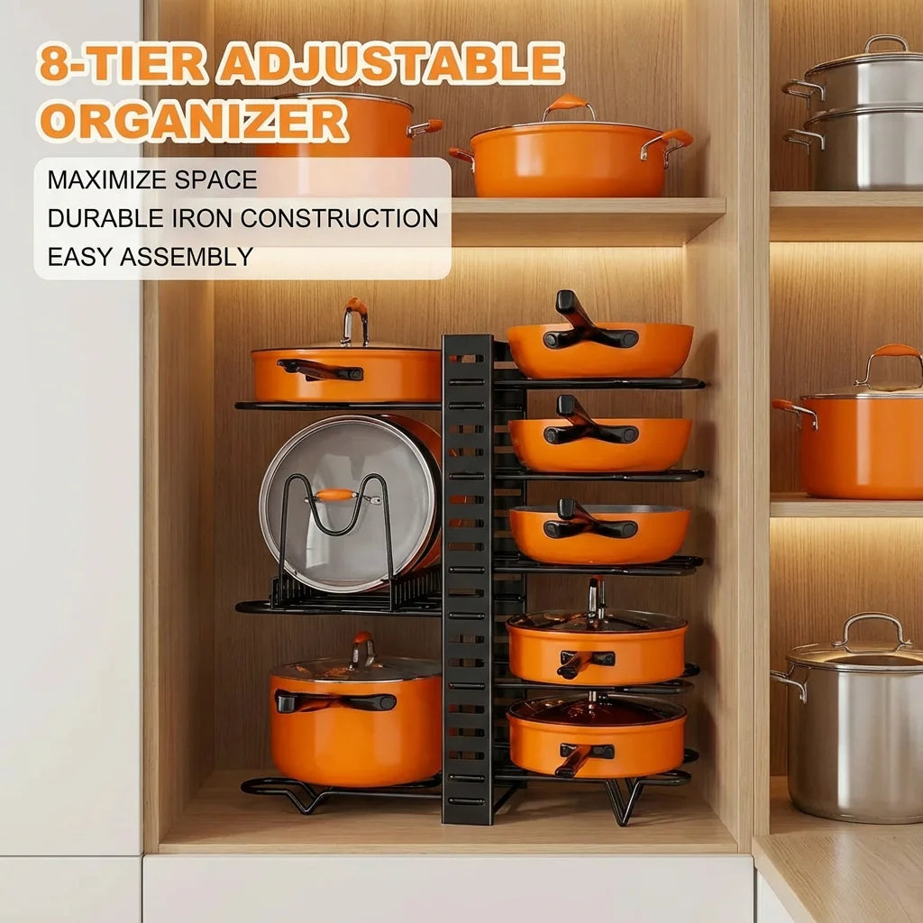 8-Tier Pot Rack Organizer - Space-Saving Metal Holder for Pots, Pans & Lids Kitchen Storage