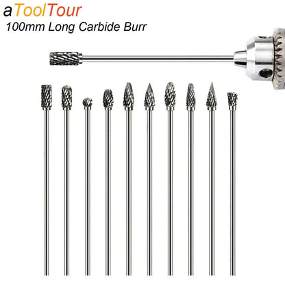 Extra Long 100mm Rotary Rasp File | Carbide Burr Alloy Bits for Metal & Wood Carving | Milling Cutter Drill Abrasive Tool