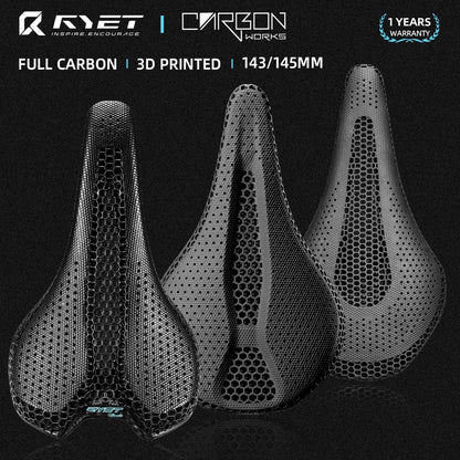 RYET Ultra Full Carbon 3D Printed Bike Saddle — 145mm Lightweight MTB Seat with High Modulus Carbon Fiber Base