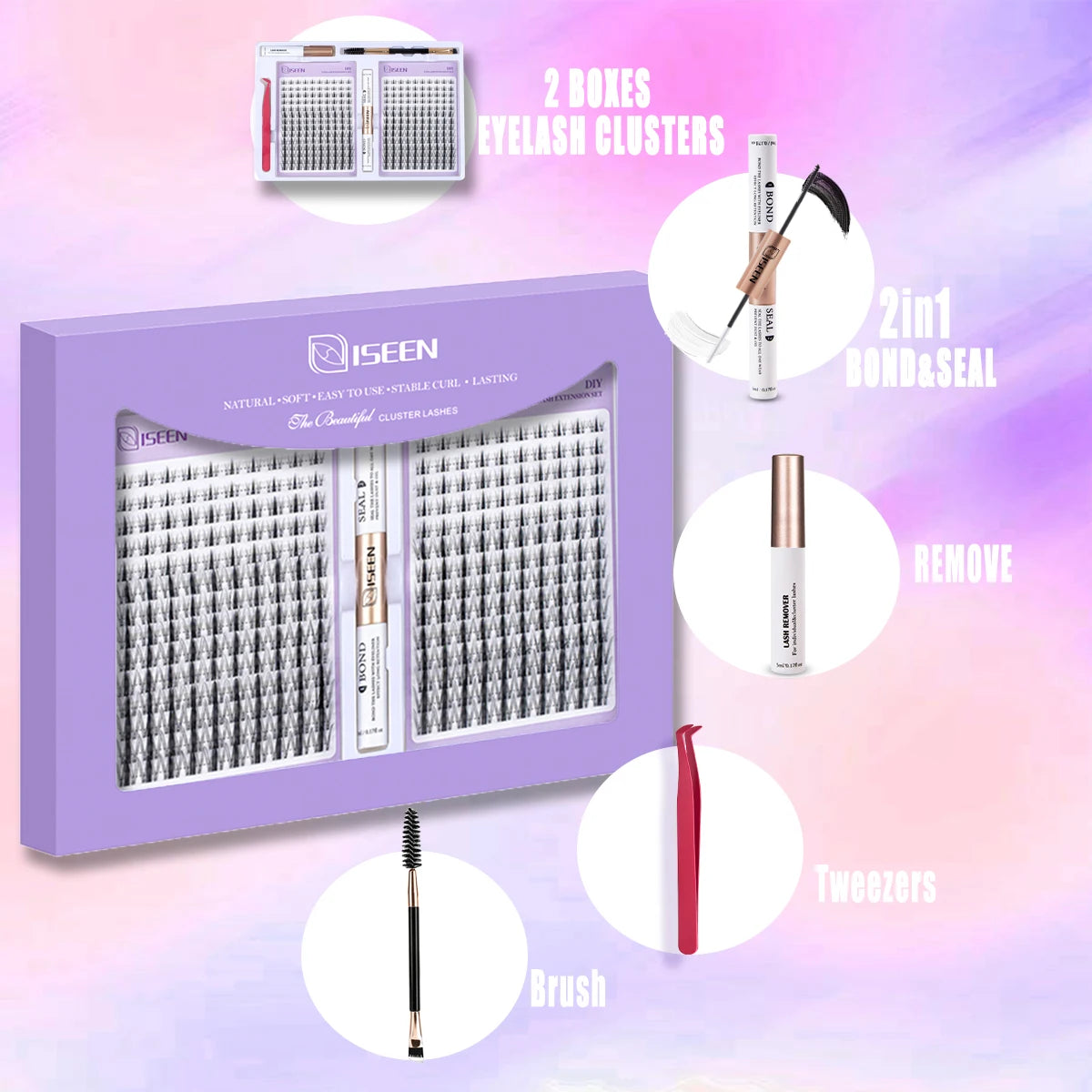 DIY Eyelash Extension Kit – Cluster Mix Eyelashes Set with Lash Bond & Seal, Tweezers & Brush for Full Lash Look