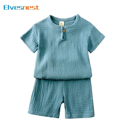 Cotton Linen Kids Summer Outfit – Solid Color Short Sleeve Tops & Shorts for Boys & Girls (Ages 2-7)