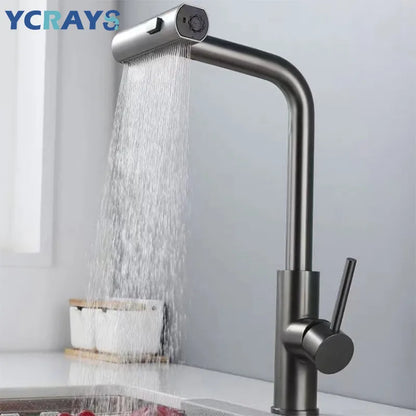 YCRAYS Black Kitchen Faucets - Gray Pull Out Rotation Waterfall Stream Sprayer Head Sink Mixer, Brushed Nickel Water Tap Accessory