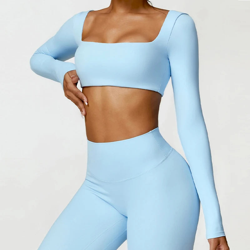 Hearuisavy Women’s Quick-Dry Sports Crop Top - Square Neck Long Sleeve Gym, Yoga, and Fitness Shirt