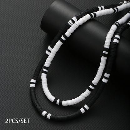 Bohemian White & Black Polymer Beads Necklace – Unisex Collar for Men and Women