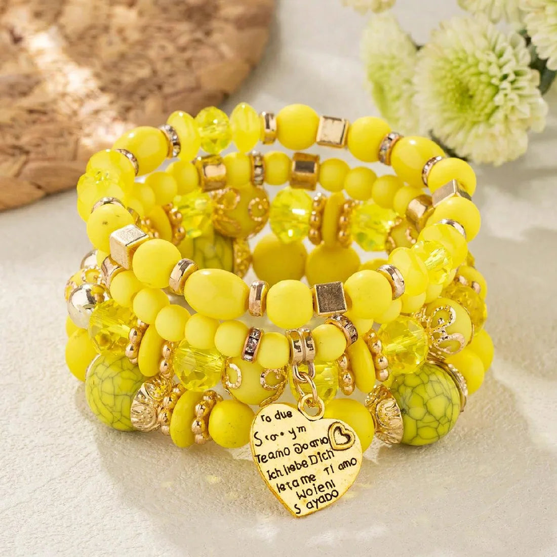 Bohemian Acrylic Beaded Bracelet Set – Solid Heart Charm Elastic Bangles for Women & Men, Retro Daily Wear Jewelry Gift