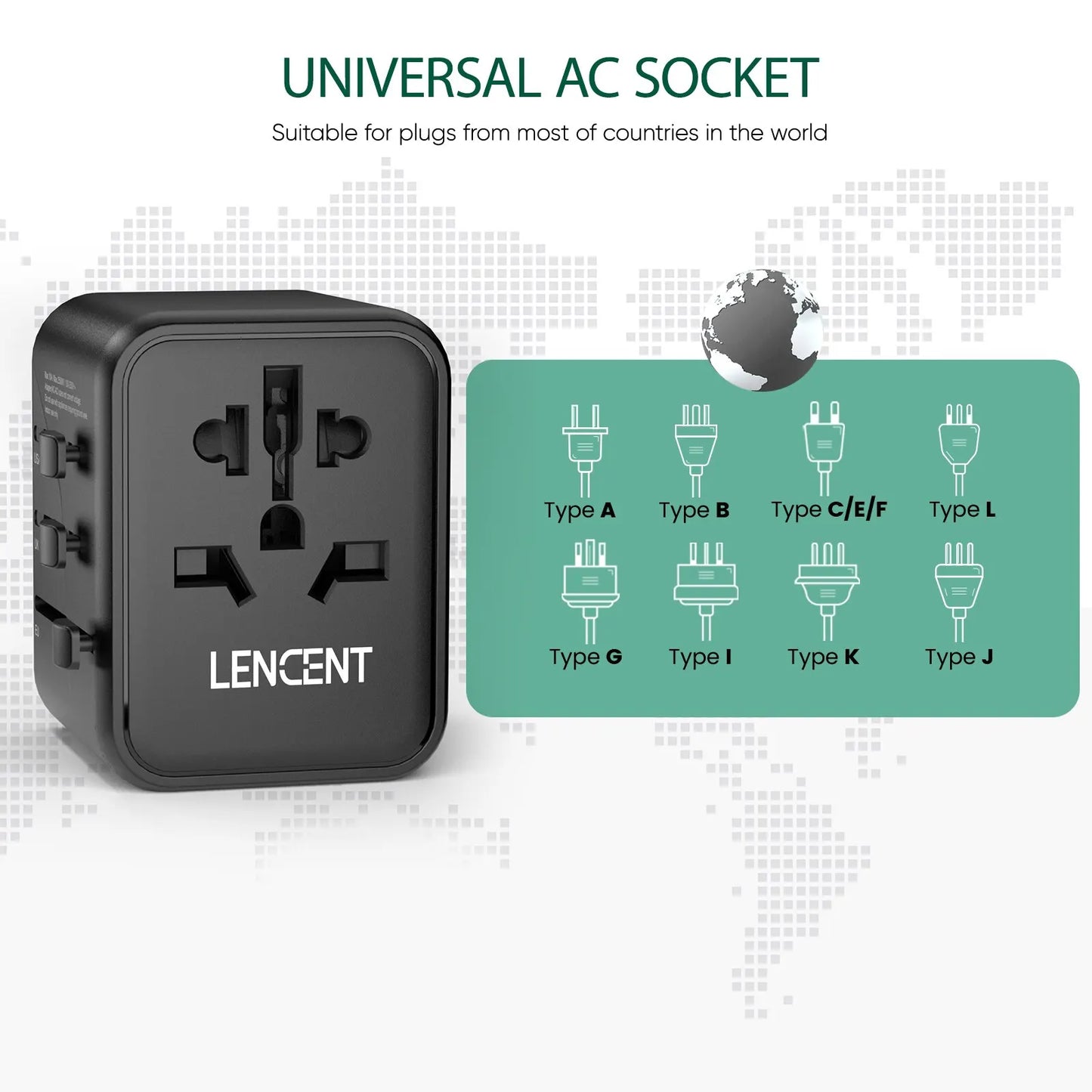 LENCENT International Travel Adapter – All-in-One Charger with 2 USB Ports, EU/UK/USA/AUS Plugs for Worldwide Travel