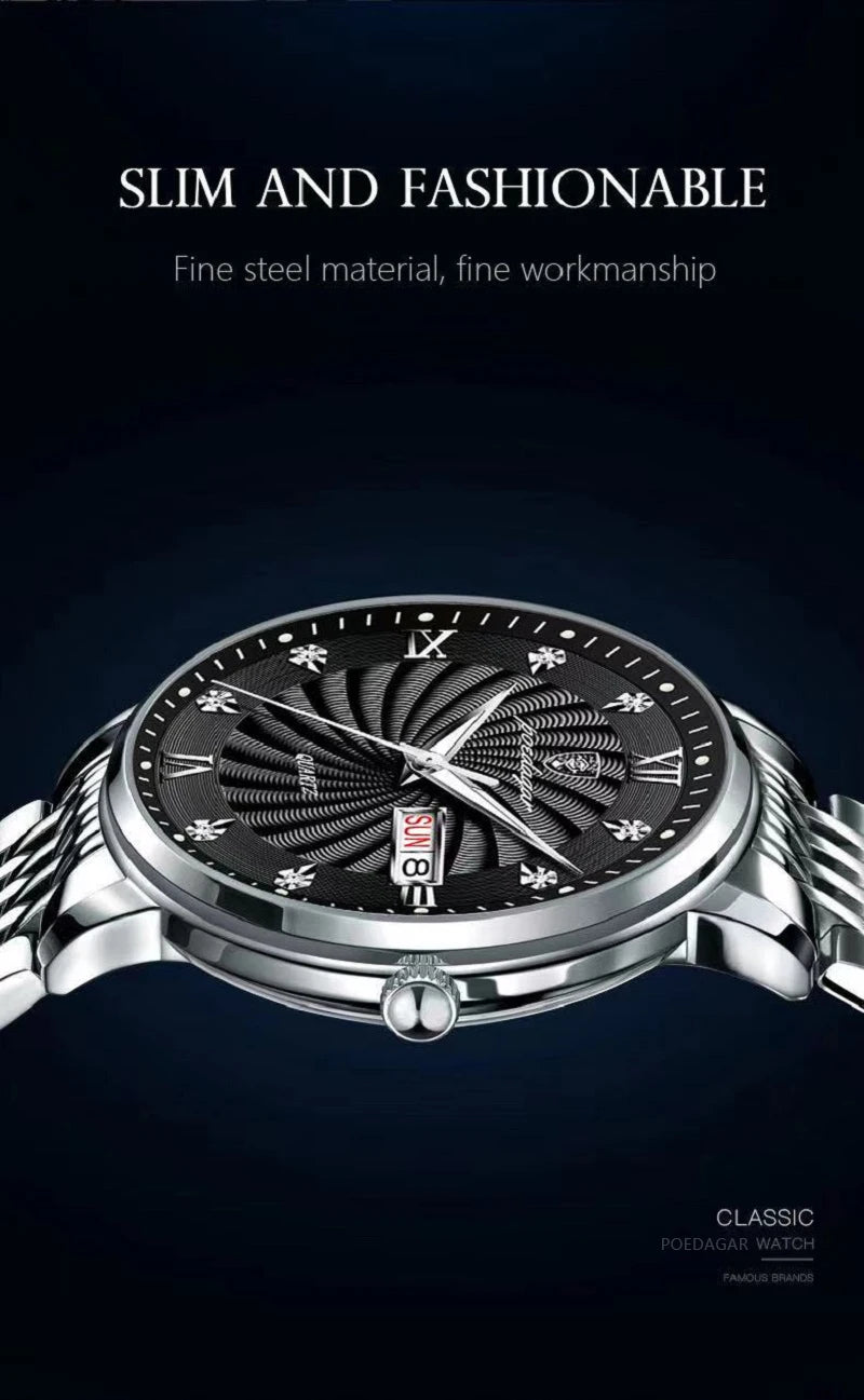 POEDAGAR Luxury Men's Watch — Waterproof Luminous Quartz Wristwatch with Date & Week, Stainless Steel Sports Fashion